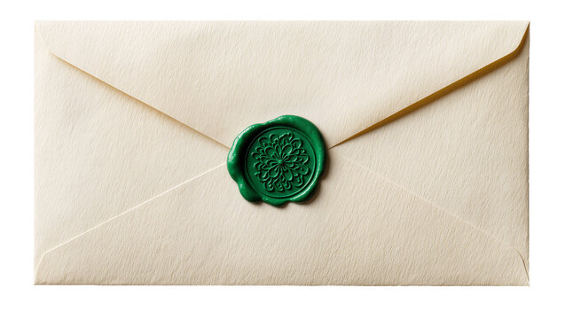 Cream envelope sealed with green wax stamp