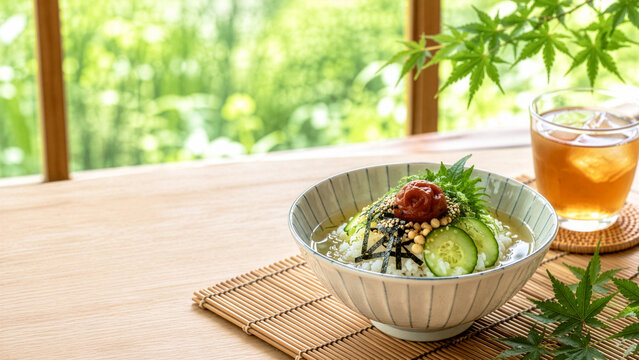 窓辺の緑を望む梅ときゅうりの冷やし茶漬けと冷茶の夏の和食