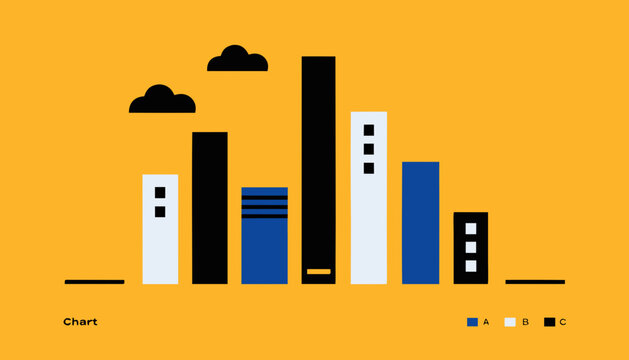 Business bar chart illustration with colorful buildings and clouds