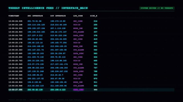 Futuristic Threat Intelligence Feed Interface Main Critical Overflow Alert Red UI Terminal Screen Display.