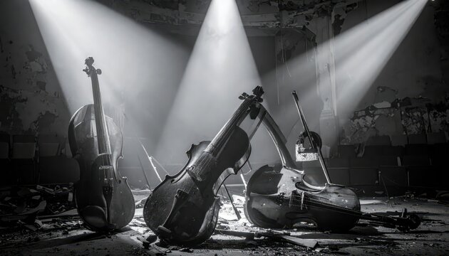 A collection of broken stringed musical instruments amidst dramatic lighting in a decaying interior