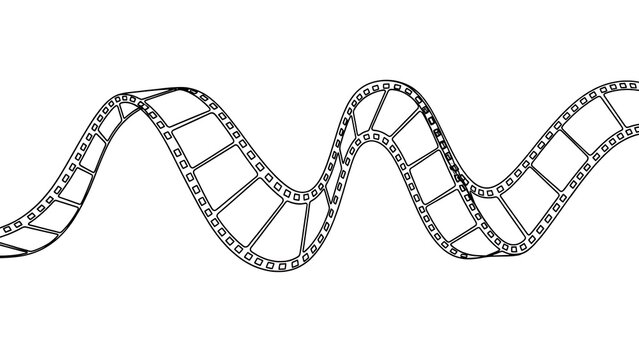 Black and white animated outline of a film strip curling on a white background