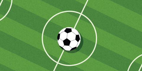 Obraz premium Aerial view of a soccer ball with a soft shadow on a green grass football pitch background with white line markings. Sports stadium field template for match schedules and game day promotions