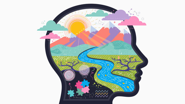 Vector illustration of a human mind as a colorful landscape