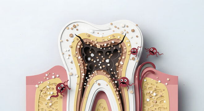 Cross section of human tooth showing decay and sugar bacteria characters.