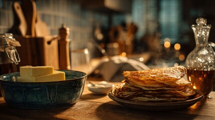 Fototapeta premium A cozy kitchen scene with pancakes in a ceramic dish next to butter and syrup on a wooden countertop under warm lighting