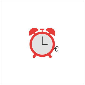 Red alarm clock icon with euro symbol, financial time management concept, vector illustration on white background.
