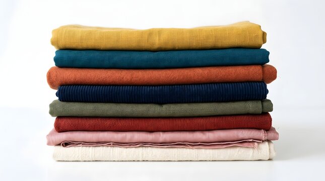 Stack of Folded Colorful Cotton T Shirts on White Seamless Background