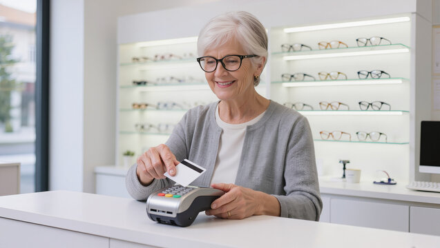 Senior Woman Paying with Credit Card at Optical Store