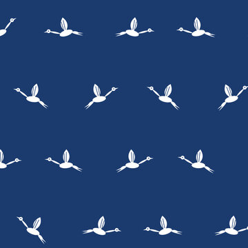 Japanese Tsuru Crane Bird in Flight Seamless Pattern Navy Blue White Bold New Year Wagara Vector Background