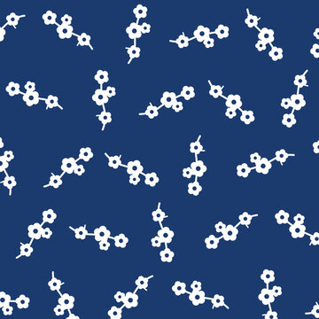 Japanese Eda Ume Plum Blossom Branch Seamless Pattern Navy Blue White Bold Winter New Year Wagara Vector Background
