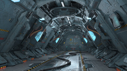 Futuristic sci-fi corridor interior with bright neon lights and realistic textures. © FraP 2D