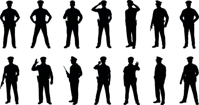 Police officer silhouette set vector law enforcement cop security guard standing posing saluting holding gun weapon radio stop hand gesture
