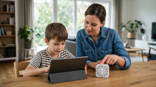 Parent sets visible kitchen timer beside child using tablet, showing digital parenting, screen time management, healthy device habits and structured family rules at home.