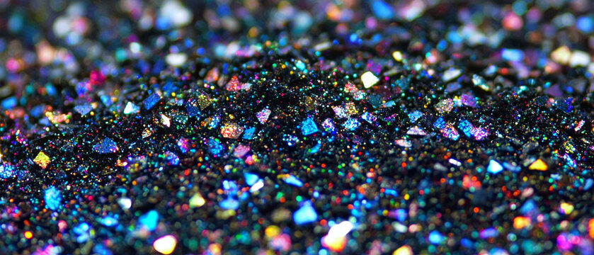 Macro view of vivid, iridescent glitter fragments on a dark surface, creating a sparkling, multi-colored, and shimmering abstract effect