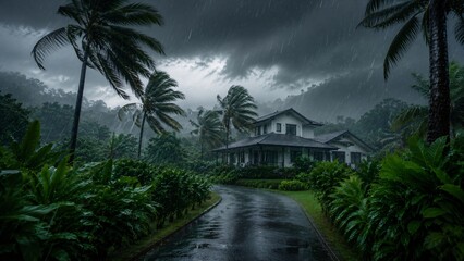 Fototapeta premium Tropical house during a heavy storm. Dark moody sky with rain over a countryside villa surrounded by palm trees. Dangerous weather condition and natural disaster climate change concept.