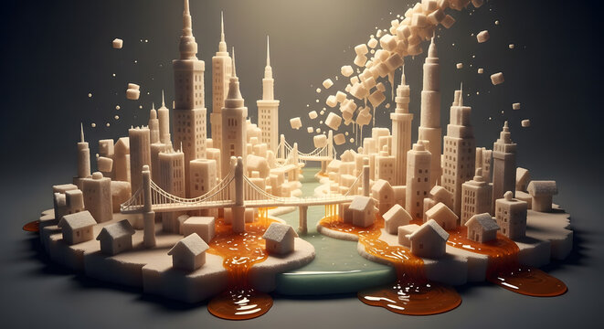Sugar cube city being flooded by thick brown syrup liquid.