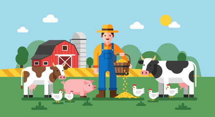 Farmer feeding farm animals, including cows, pigs, and chickens, with barn and silo in background. © Sifa
