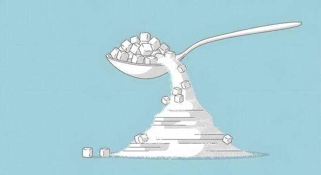 Large spoon pouring pile of white sugar cubes onto heap.