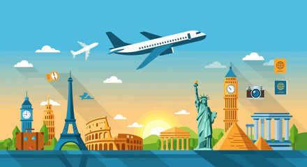 Global Travel Destinations Collage with Airplanes and Landmarks © Sifa