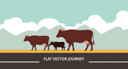 Flat vector illustration of cows and calf walking on a road with mountains and clouds background. © Sifa