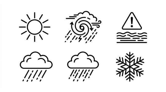 Detailed weather icon set with sun, hurricane, flood warning, rain, and winter snowflake.