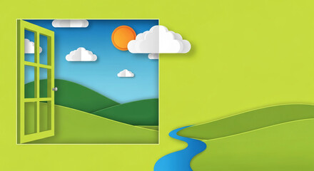 Fototapeta premium Open green doorway revealing a stylized landscape of rolling hills, a blue sky with clouds and sun, and a winding river, symbolizing a new beginning or opportunity