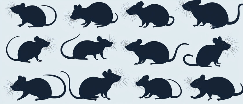 Multiple black mouse silhouettes with whiskers and tails in various positions are arranged on a pale blue background