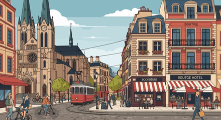 Charming European street scene with tram, cathedral, and shops, animated style. © Udin