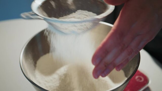Hand sifting flour into metal bowl. Close-up shot of baking process. Dusty particles fall slowly. Perfect for cooking tutorials, food blogs, or recipe videos. Calm and focused atmosphere