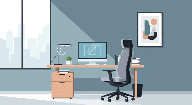Modern home office setup with desk, ergonomic chair, computer, and artwork