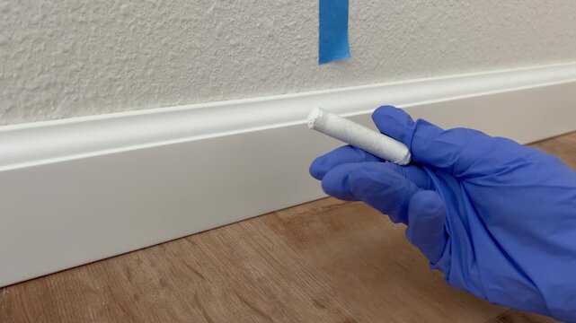 Hand in Glove Applying White Caulk to Baseboard