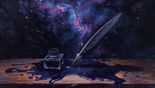 Dramatic oil painting of vintage glass inkwell and quill pen with cosmic blue nebula galaxy emerging from bottle