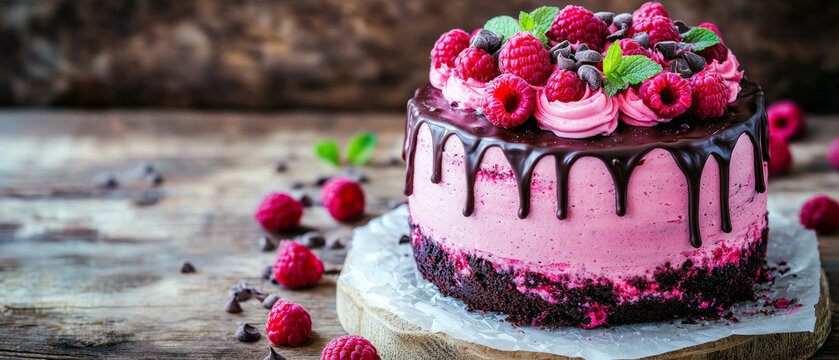 Pink cake with chocolate drip, fresh raspberries, mint leaves, and chocolate chips on a rustic wooden surface