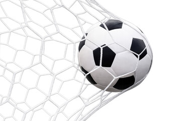 Fototapeta premium Exciting world cup soccer football hitting goal net on transparency background conveying pure triumph and athletic victory during thrilling competitive championship match game event