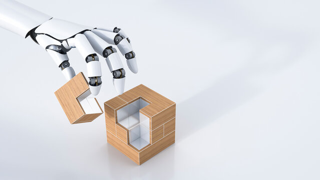 3D Rendering, robot hand assembling cube, copy space