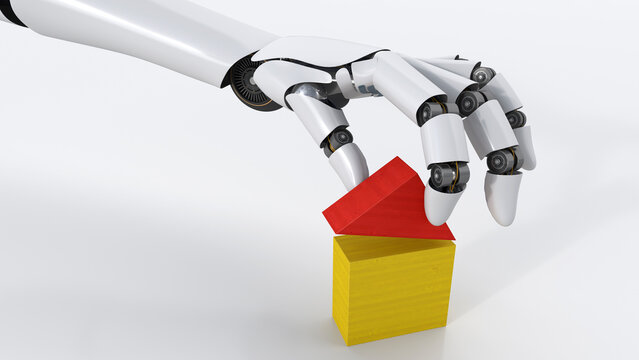 Robot building up house with building blocks, 3d rendering