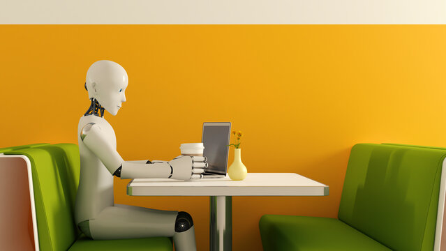 Robot with laptop in cafe, 3D Rendering