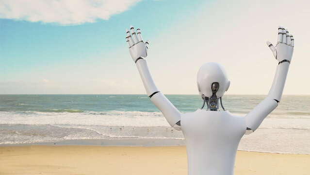 Robot raising his arms on the beach, 3d rendering