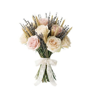Elegant hand-tied vintage bouquet of soft pink roses and silver brunia in white vase