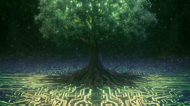 Glowing digital tree with roots in binary code, eco technology theme
