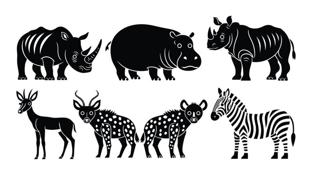 Rhinoceros silhouette vector illustration with zebra and antelope icons