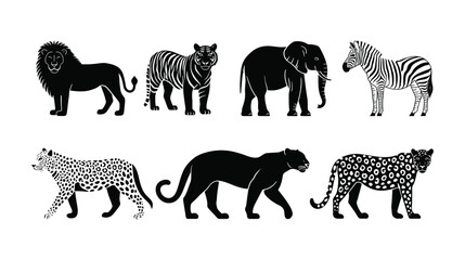 Obraz premium Animal icons featuring lion, tiger, elephant, zebra, leopard, and jaguar in silhouette and illustration styles