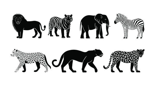 Animal icons featuring lion, tiger, elephant, zebra, leopard, and jaguar in silhouette and illustration styles