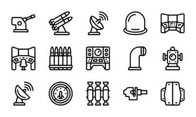 Military Technology Icons, War Equipment Vector Set, Defense System Graphics, Army Gear Symbols © Jahangir