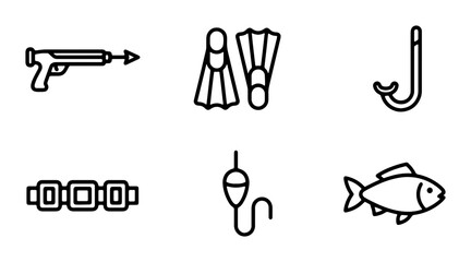 Spearfishing Gear Icons: Snorkel, Fins, Harpoon Gun, Fish, Bobber, Chain Vector Set © Sathi