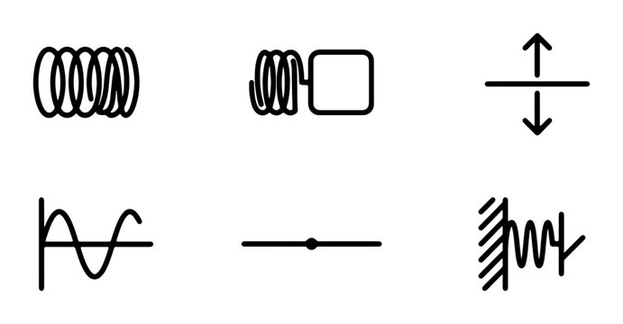 Physics Icons: Spring, Wave, Motion, Force, Vibration, Oscillation Vector Set