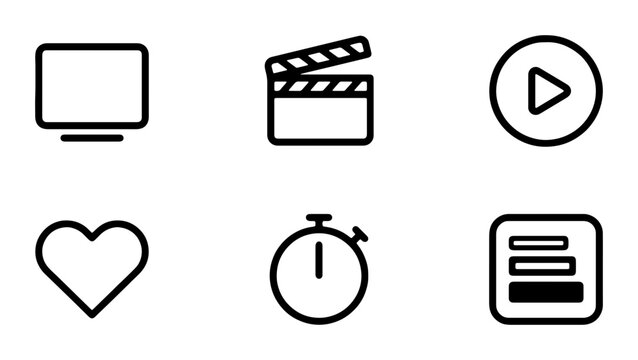 Set of 6 Simple Black and White Vector Icons: Screen, Clapperboard, Play Button, Heart, Timer, List