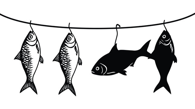 Fish hanging on line in black and white illustration