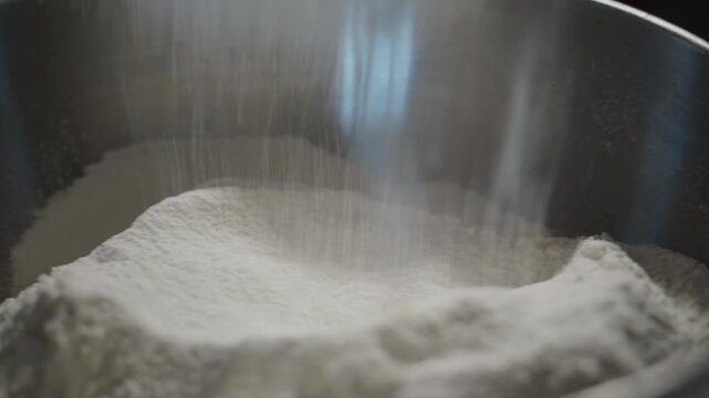 White flour pours into metal bowl. Slow motion captures falling powder. Close-up view highlights texture and motion. Ideal for cooking, baking, or food production scenes
